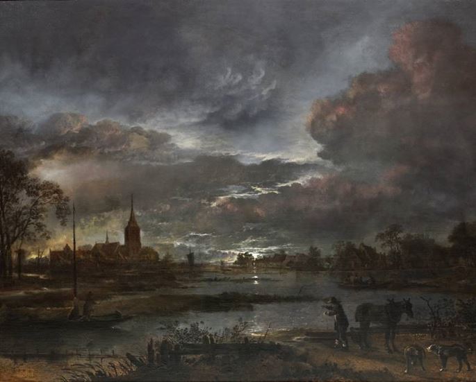 Aert van der Neer - Wide river landscape by moonlight with figures fishing and a village beyond | MasterArt